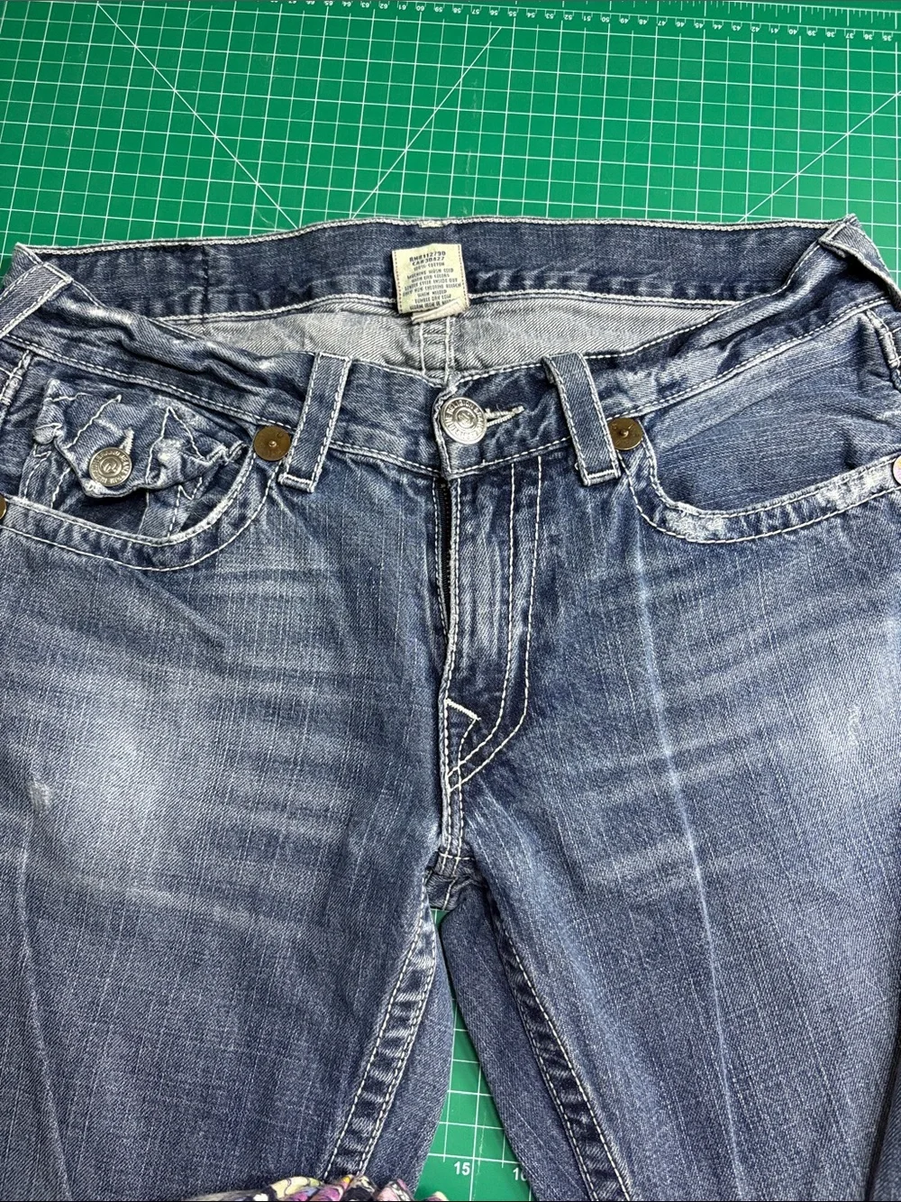 True Religion Medium Indigo Bootcut Jeans with White Stitching